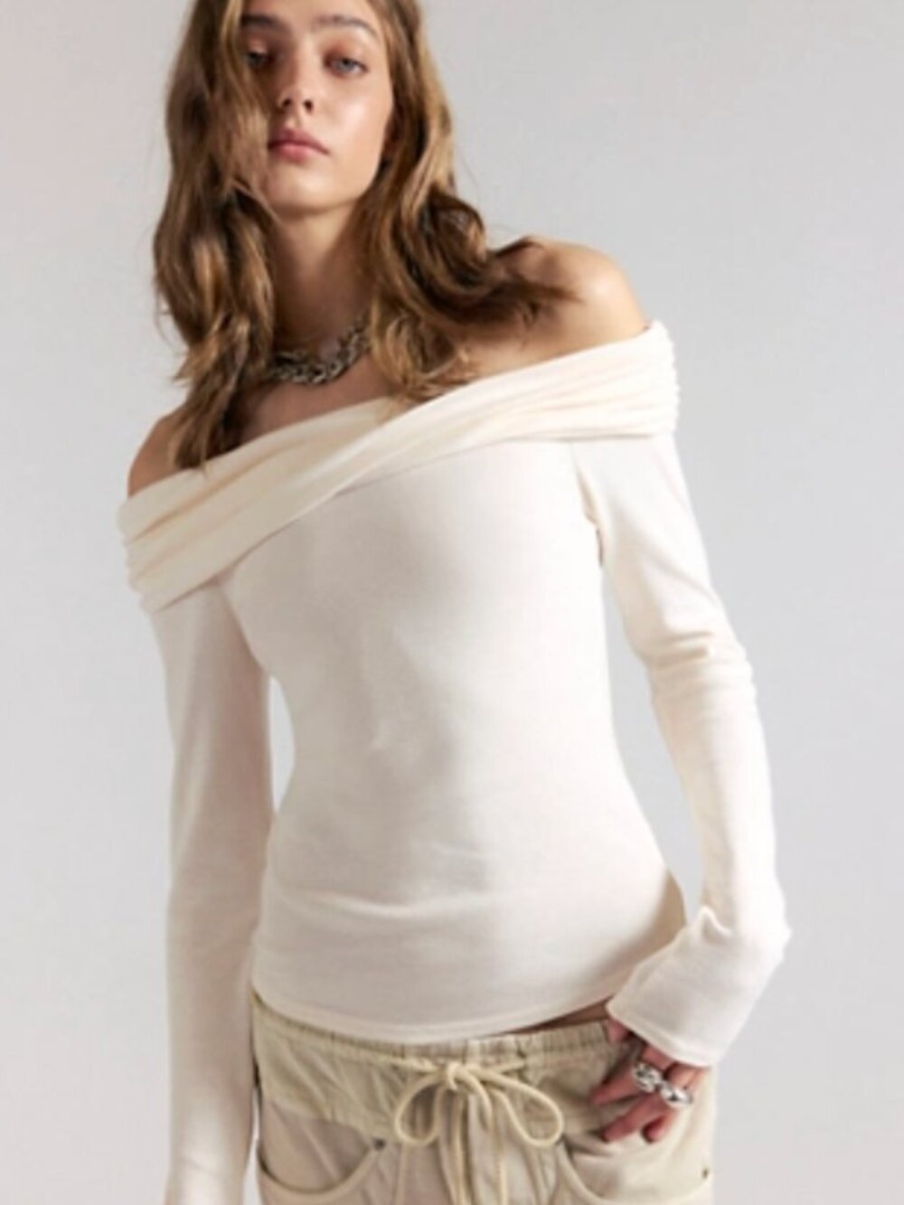 Free People Women's "Robbie" Off The Shoulder Top In Sugar Swizzle - Large NWT